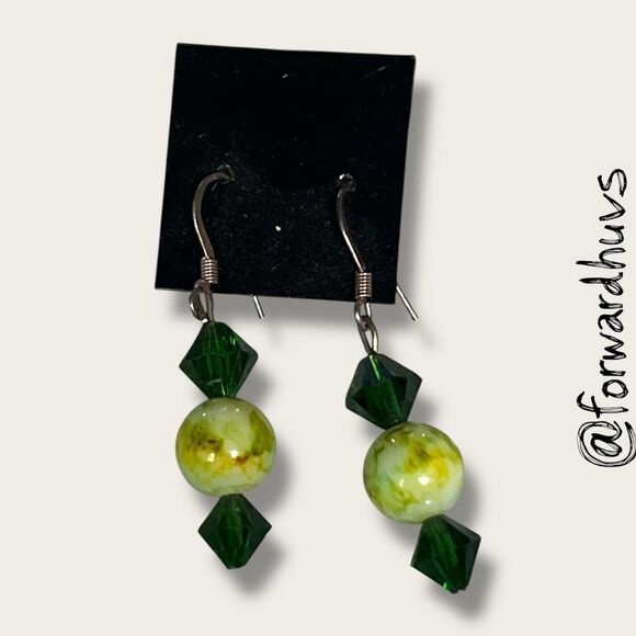 Bundle Sale 3 for $15 | Handmade Green & Yellow Marbled Bead Earrings - Picture 1 of 6